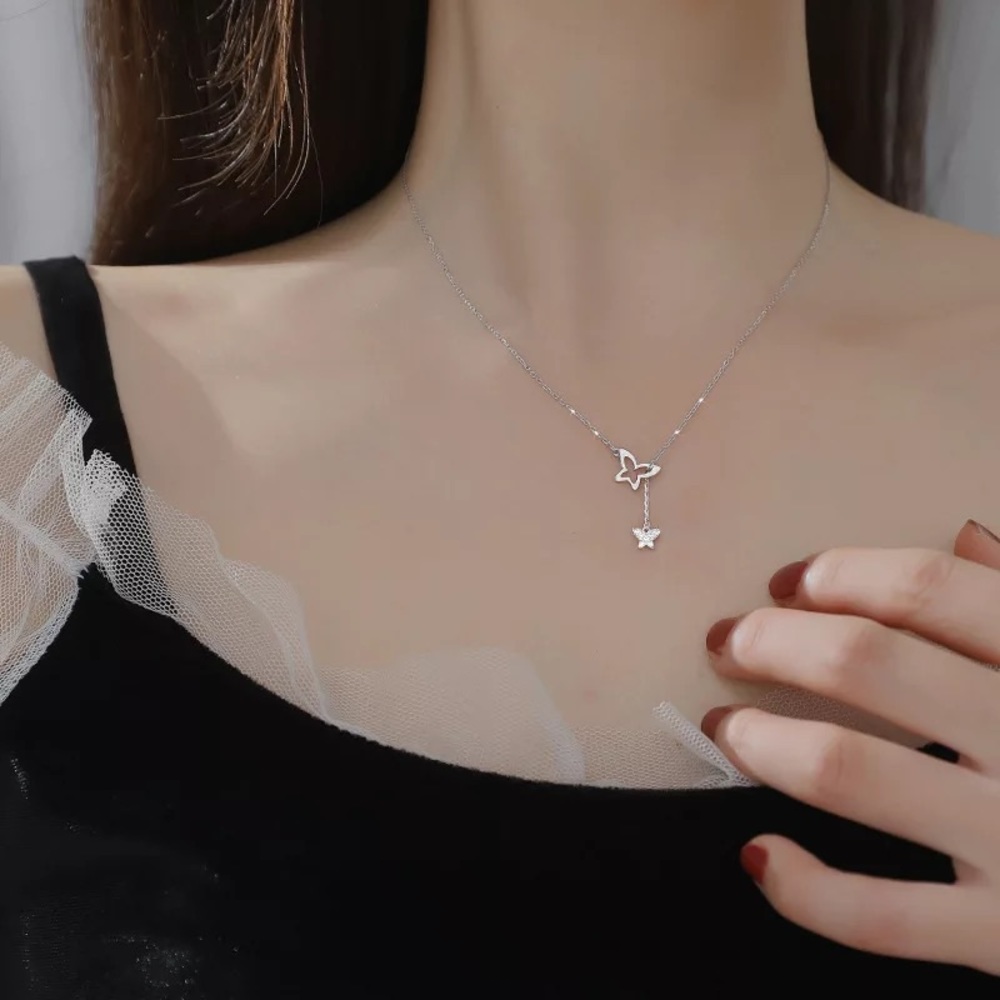 Sterling Silver Flashing Diamond Butterfly Tassel Necklace